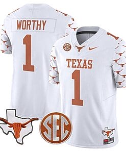 Xavier Worthy Jersey #1 Texas Longhorns State Map and Sec Patch Vapor Limited College Football Stitched White