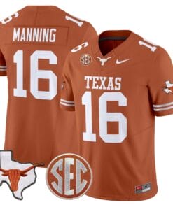 Arch Manning Jersey 16 Texas Longhorns 2025 State Map SEC Patch Texas Orange