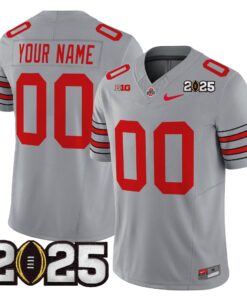 Custom Ohio State Jersey Heritage Stripe 2025 CFP Final Patch Stitched Gray