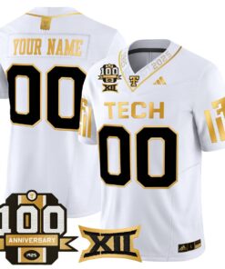 Custom Texas Tech Red Raiders Jersey 2025 100th Anniversary Stitched White Gold