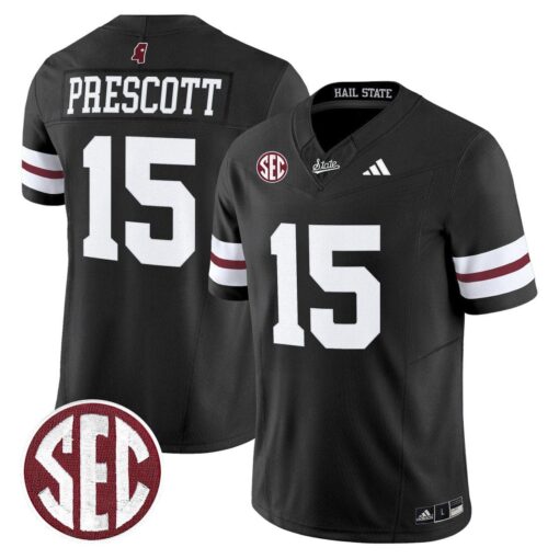 Dak Prescott Jersey #15 Mississippi State Bulldogs Dark Mode Stitched
