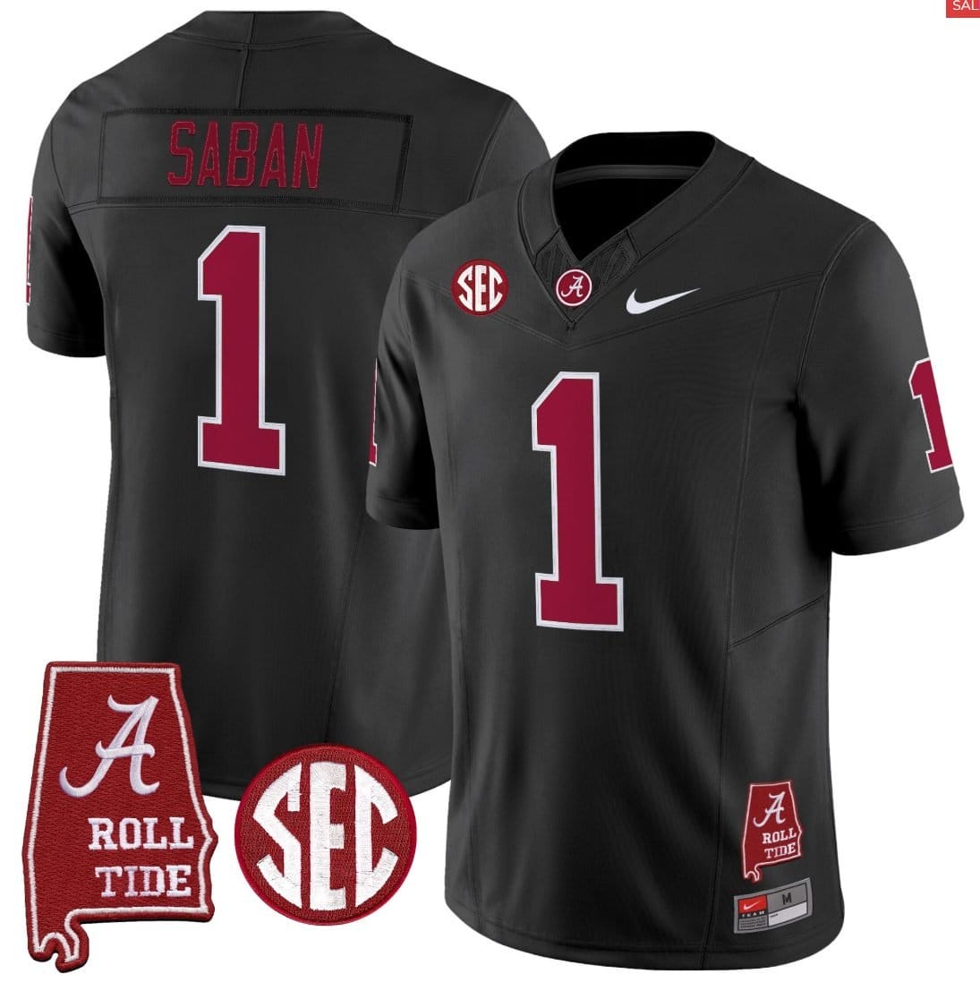 Nick Saban Jersey #1 Alabama Crimson Throwback Alabama Map Stitched