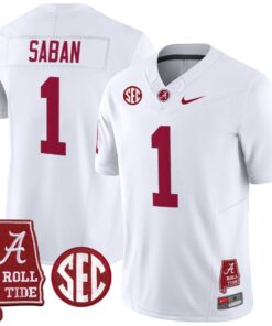 Nick Saban Jersey 1 Alabama Crimson Throwback Alabama Map Stitched White
