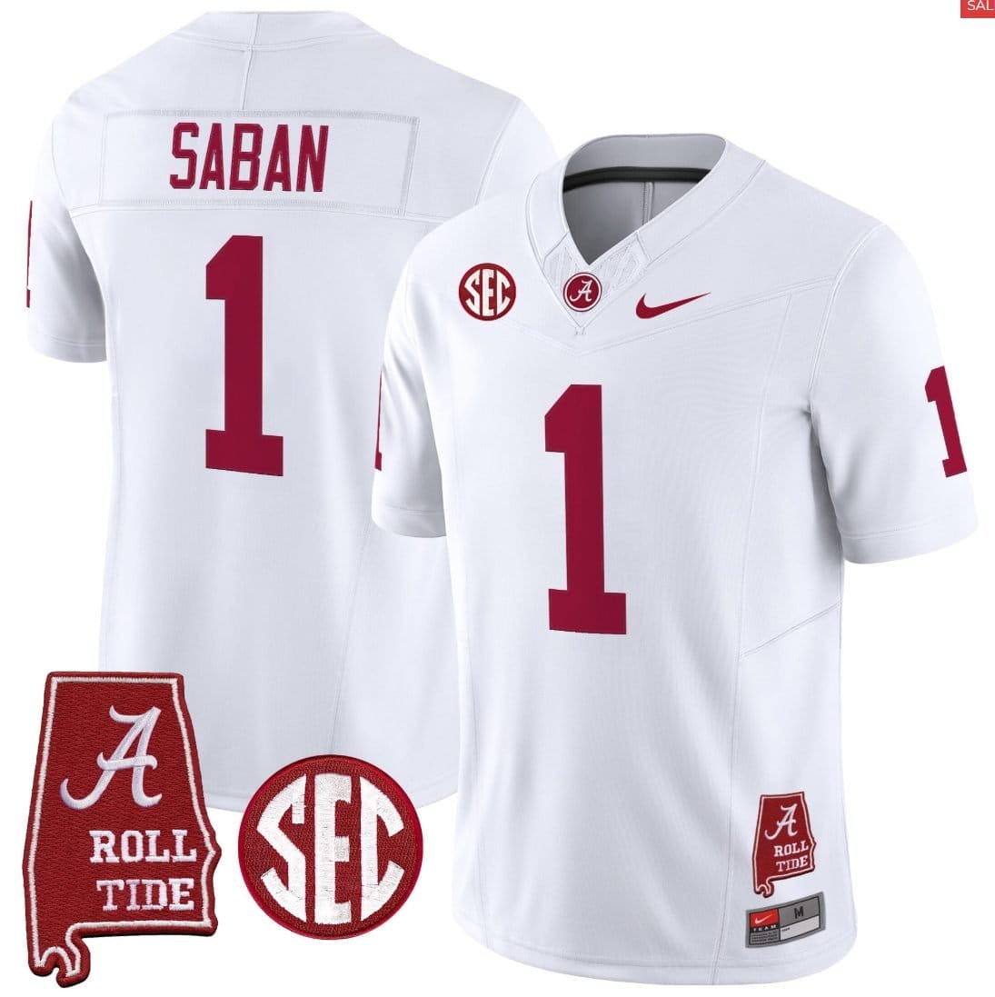Nick Saban Jersey #1 Alabama Crimson Throwback Alabama Map Stitched - Image 2