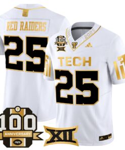 Red Raiders Jersey 25 Texas Tech 2025 100th Anniversary Stitched White Gold