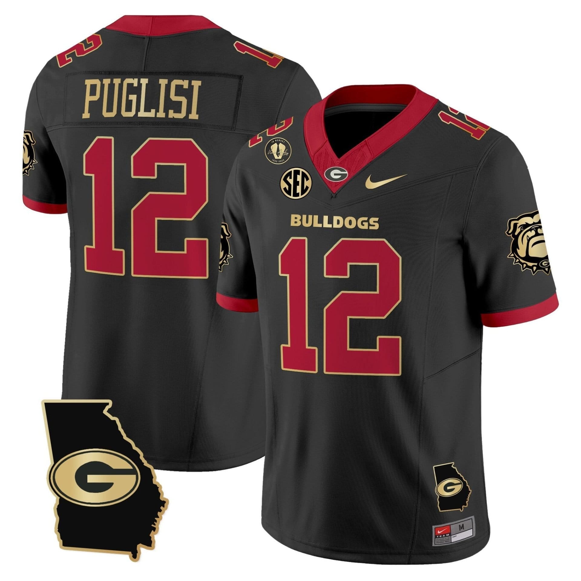Ryan Puglisi Jersey #12 Georgia Bulldogs 2025 Georgia Map, Vince Dooley Stitched