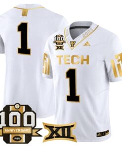 Team Jersey 1 Texas Tech 2025 100th Anniversary Patch Stitched White Gold