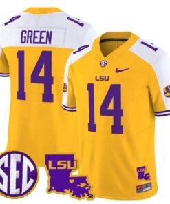 Trey Dez Green Jersey 14 LSU Tigers 2025 Louisiana Patch Stitched Gold Alter