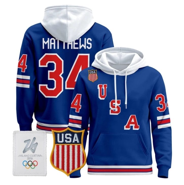Auston Matthews 34 2026 USA Olympic Premium Hockey Pullover Hoodie Stitched Royal