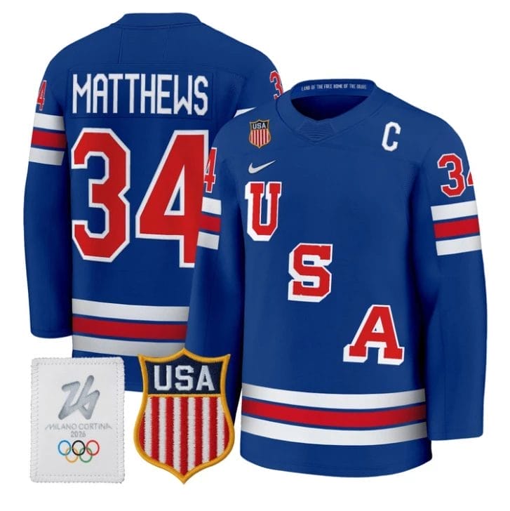 Auston Matthews Jersey 34 USA Olympic 2026 Premium Hockey All Stitched Royal