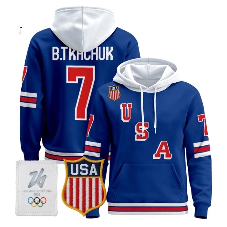Brady Tkachuk #7 USA Olympic 2026 Premium Hockey Pullover Hoodie Stitched
