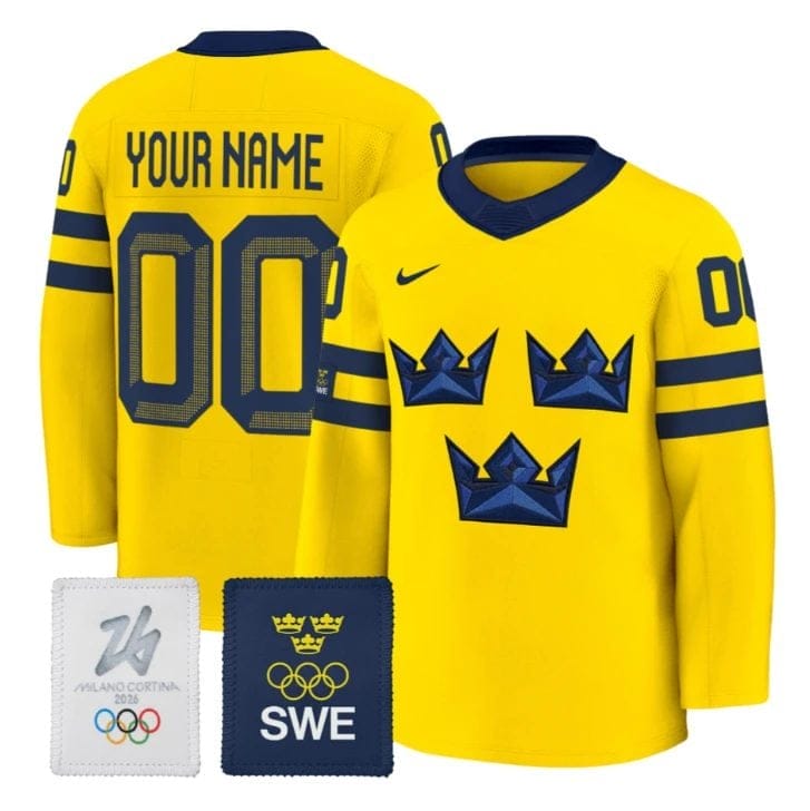 Custom Sweden Olympic Jersey Name Number 2026 Premium Hockey All Stitched Gold