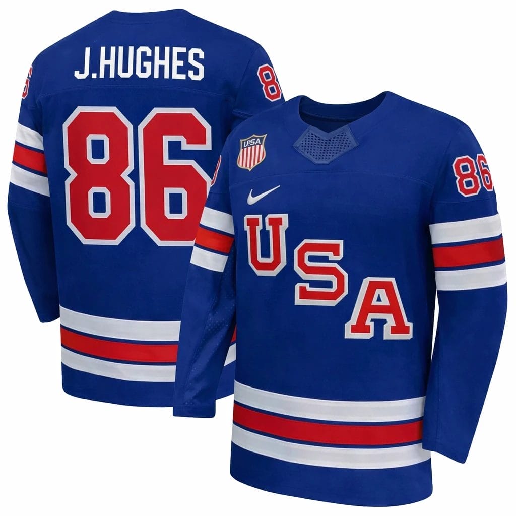 JackHughesJerseyTeamUSAWinterOlympics2026HockeyPremiumSTITCHEDBlue