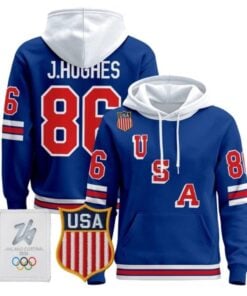 Jack Hughes #86 2026 USA Olympic Premium Hockey Pullover Hoodie Stitched