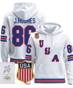 Alternative view of Jack Hughes #86 2026 USA Olympic Premium Hockey Pullover Hoodie Stitched