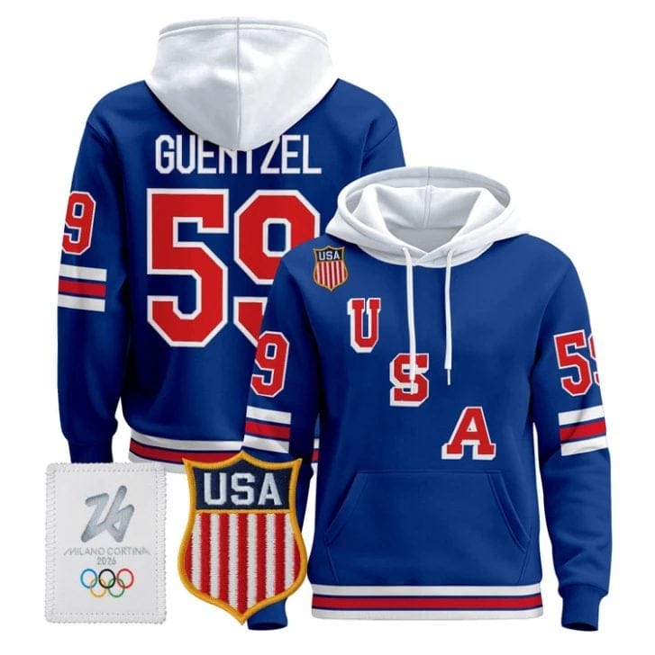 Jake Guentzel 59 USA Olympic 2026 Premium Hockey Pullover Hoodie Stitched Royal