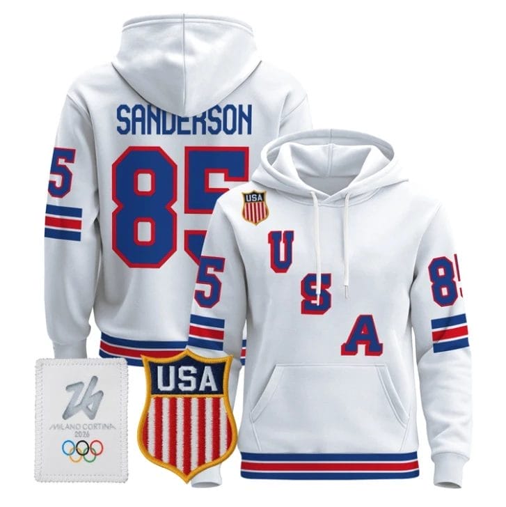 Jake Sanderson #85 USA Olympic 2026 Premium Hockey Pullover Hoodie Stitched - Image 2