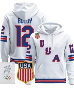 Alternative view of Matt Boldy #12 USA Olympic 2026 Premium Hockey Pullover Hoodie Stitched