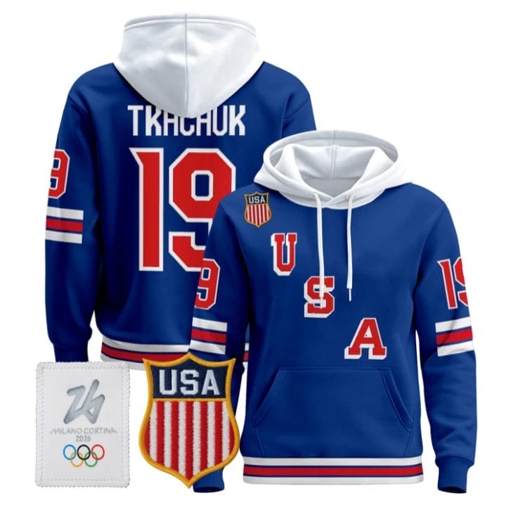 Matthew Tkachuk 19 USA Olympic 2026 Premium Hockey Pullover Hoodie Stitched Royal
