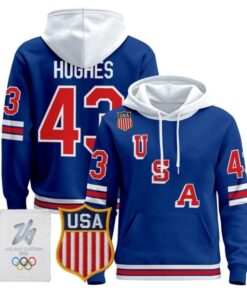 Quinn Hughes #43 USA Olympic 2026 Premium Hockey Pullover Hoodie Stitched Royal