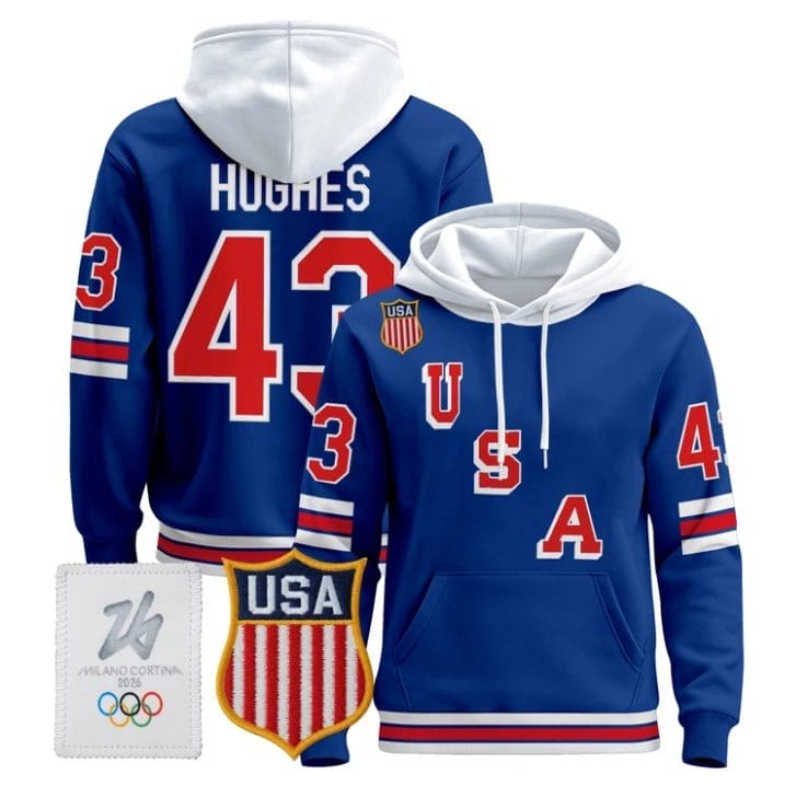 Quinn Hughes #43 USA Olympic 2026 Premium Hockey Pullover Hoodie Stitched Royal