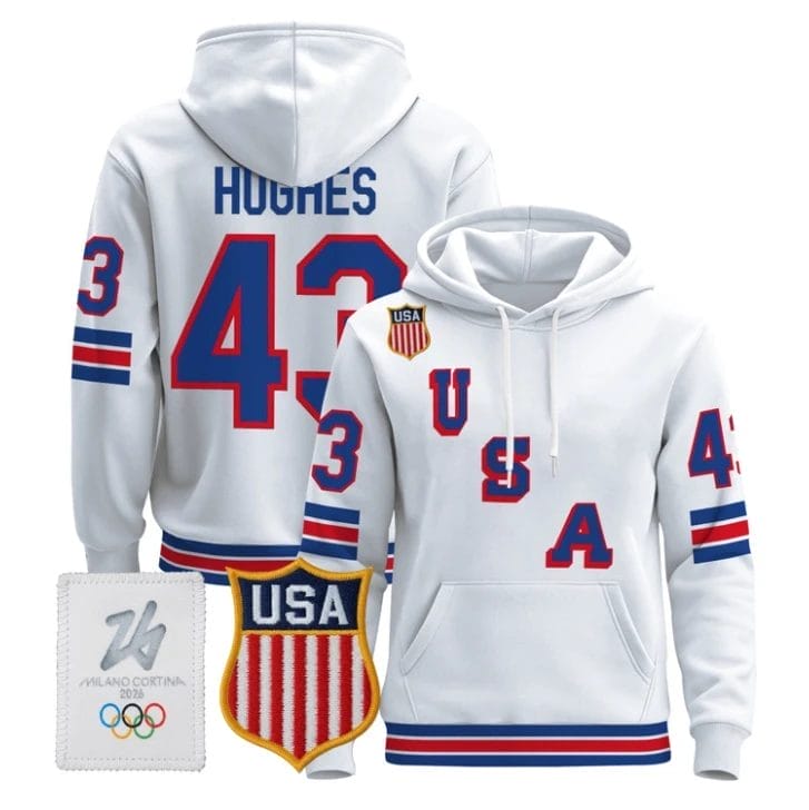 Quinn Hughes #43 USA Olympic 2026 Premium Hockey Pullover Hoodie Stitched Royal - Image 2