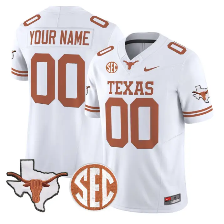 Custom Texas Longhorns Jersey 2026 Map and SEC Patch Stitched by My Store NCAA Football Jerseys