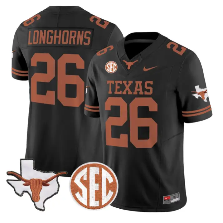 Longhorns Jersey #26 Texas Longhorns 2026 SEC Patch Stitched by My Store NCAA Football Jerseys