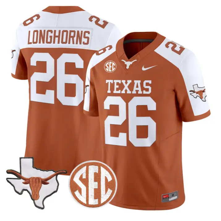 Longhorns Jersey #26 Texas Longhorns 2026 SEC Patch Stitched by My Store NCAA Football Jerseys