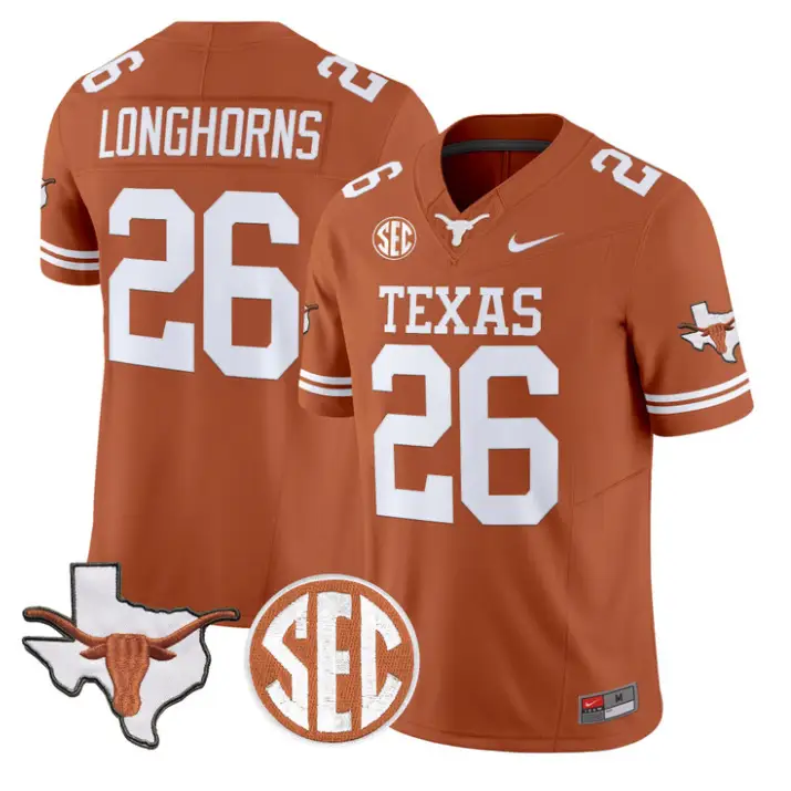 Longhorns Jersey #26 Texas Longhorns 2026 SEC Patch Stitched by My Store NCAA Football Jerseys