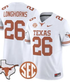 Longhorns Jersey #26 Texas Longhorns 2026 SEC Patch Stitched by My Store NCAA Football Jerseys