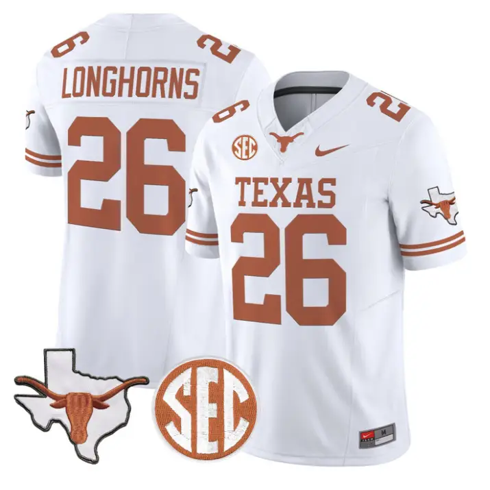 Longhorns Jersey #26 Texas Longhorns 2026 SEC Patch Stitched by My Store NCAA Football Jerseys