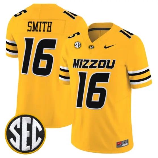 Brad_Smith_16_Missouri_Tigers_Jersey_2026_Vapor_Limited_All_Stitched_Gold - Top Design Fan Brad Smith #16 Missouri Tigers Jersey 2026 Vapor Limited All Stitched by My Store NCAA Football Jerseys