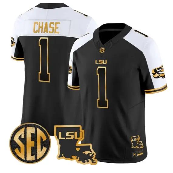 Ja'Marr Chase #1 LSU Tigers 2026 Louisiana Patch Gold All Stitched by My Store NCAA Football Jerseys