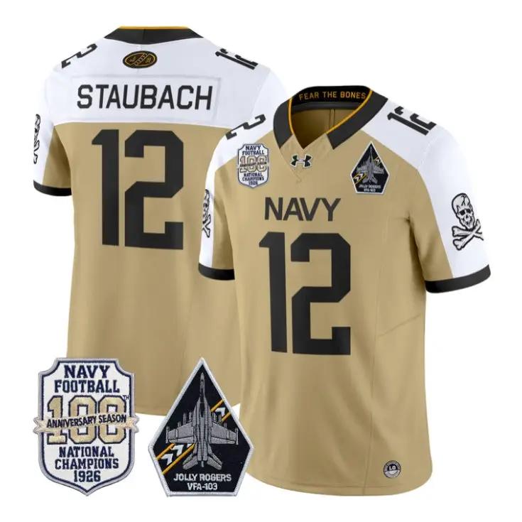 Roger Staubach Jersey #12 Navy Midshipmen 100th Anni Patch Stitched by My Store NCAA Football Jerseys