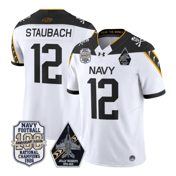 Roger Staubach Jersey #12 Navy Midshipmen 100th Anni Patch Stitched by My Store NCAA Football Jerseys