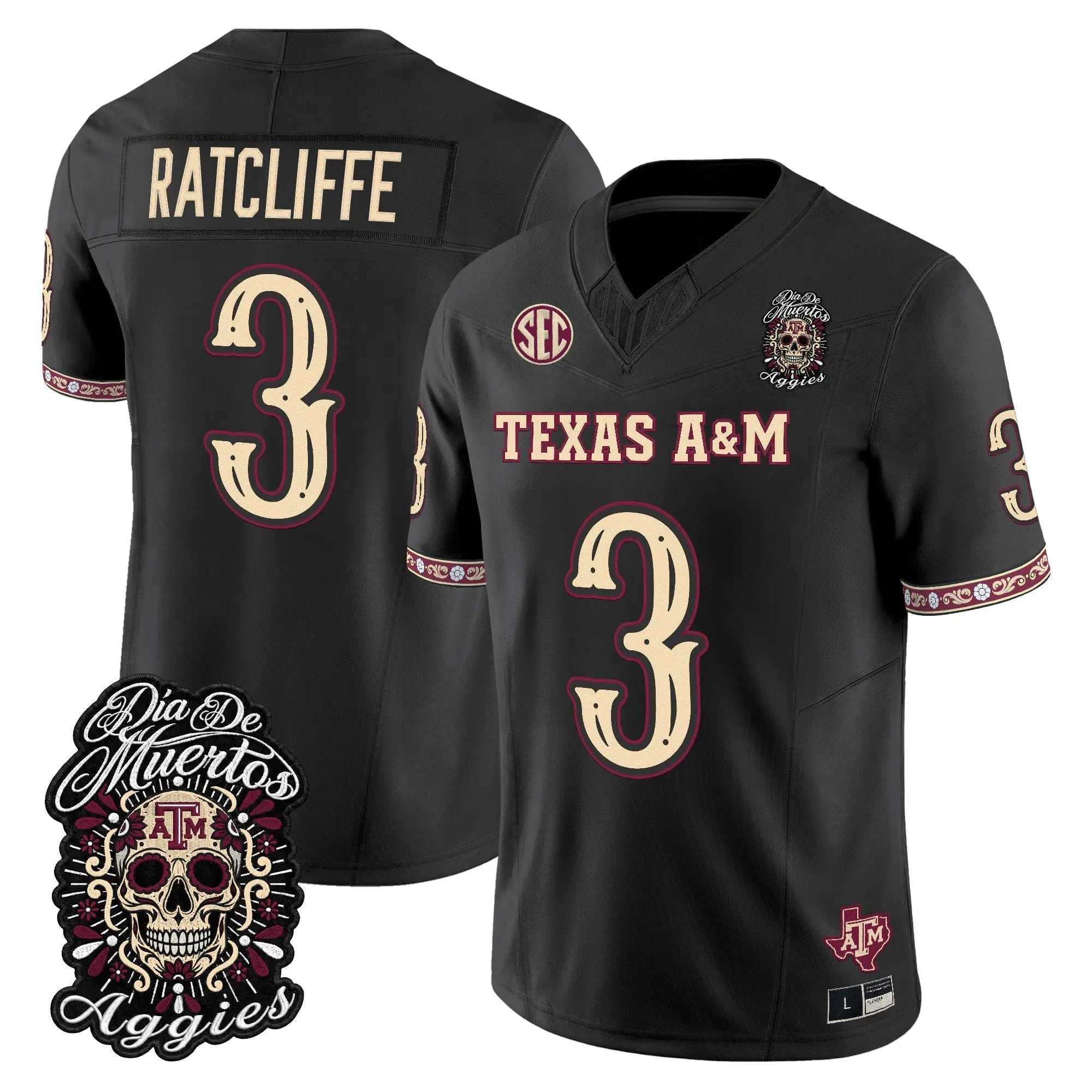 Marcus Ratcliffe Jersey #3 Texas A&M Aggies Día de los Muertos Vapor Limited All Stitched - Top Design Fan Marcus Ratcliffe Jersey #3 Texas A&M Aggies Día de los Muertos Vapor Limited All Stitched